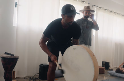 A breathwork session integrating sound technique.
